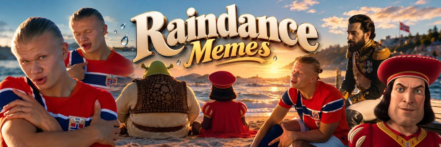 Raindance Memes artwork: fictional characters and AI celebrity depictions at a sunset beach